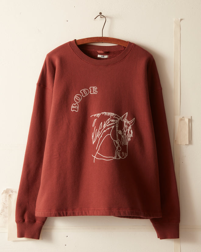 Embroidered Pony Crewneck - Brown CUT AND SEW BODE New York
