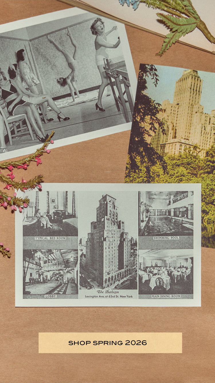 A collage of vintage photos from the Barbizon hotel surrounded by flowers, and a button that says 