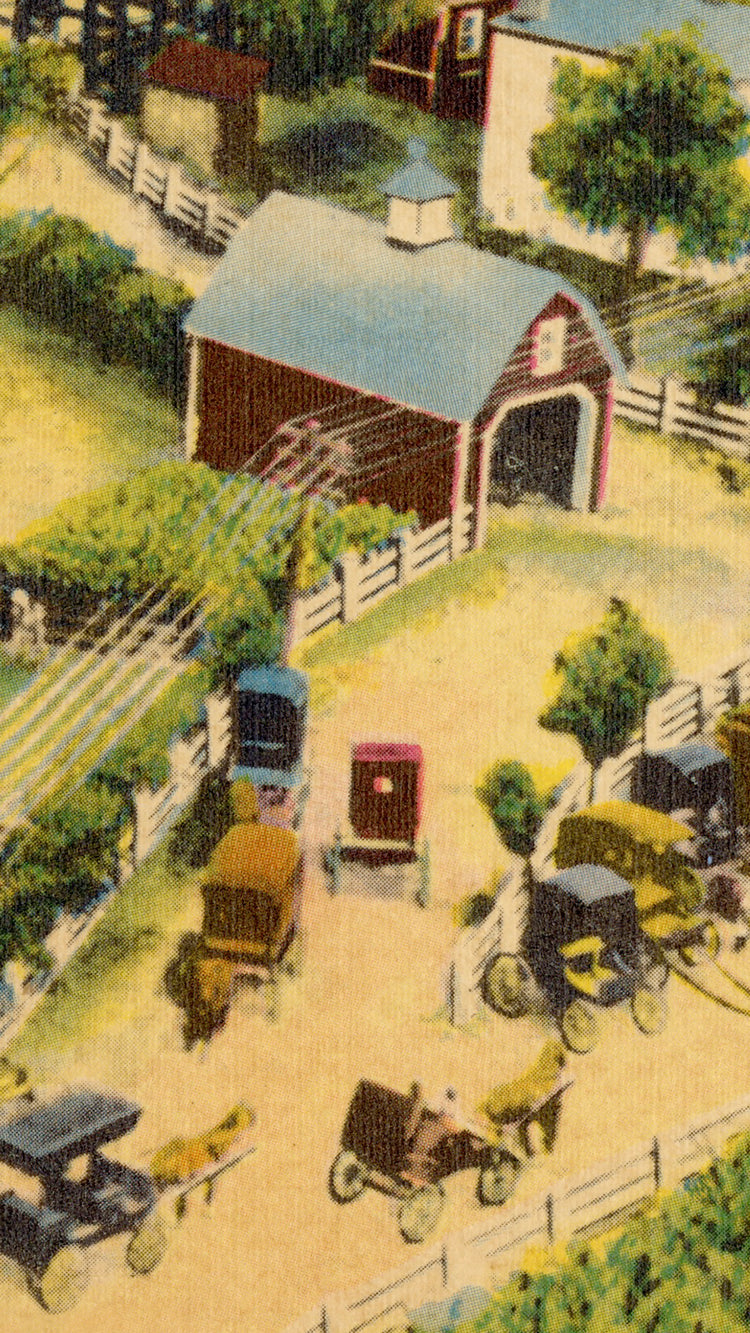 Hand-colored photo of a barn dance.