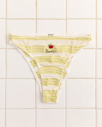 Apple Briefs: Women's high-cut briefs in yellow and white stripes, featuring 