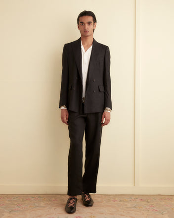 Linen Double-Breasted Suit Jacket - Black