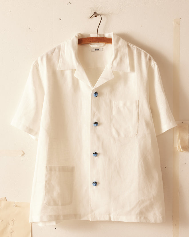 Blue Sailor Button Short Sleeve Shirt - White