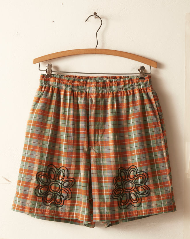 Beaded Floral Madras Shorts - Blue