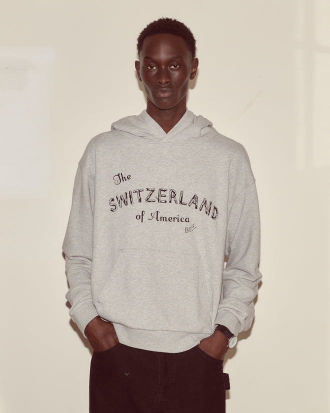 A man wears the Campground Hoodie—100% cotton, gray, with "The SWITZERLAND of America" slogan—standing against a beige wall, hands in pockets.