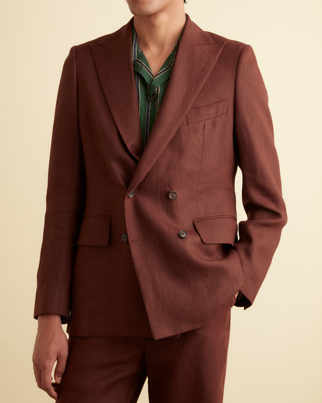 Linen Double-Breasted Suit Jacket - Chocolate OUTERWEAR BODE New York