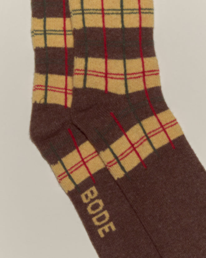 County Plaid Socks - Multi feature a brown plaid with yellow and red accents and "BODE" near the ankle. Expertly crafted in Italy for outstanding quality and style.