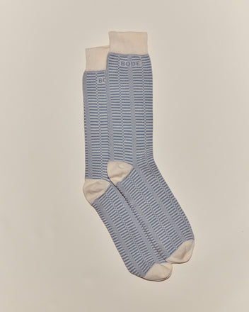 A pair of Micro Check Socks in blue and cream, featuring stripes and 