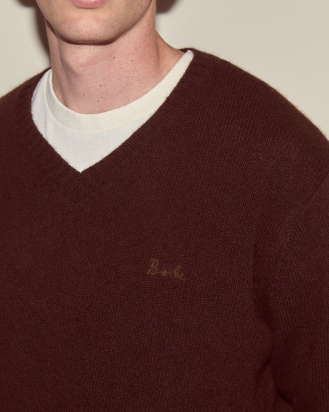 A person wearing the Currant Sweater in dark brown, a soft wool-cashmere V-neck, layered over a white crewneck shirt.