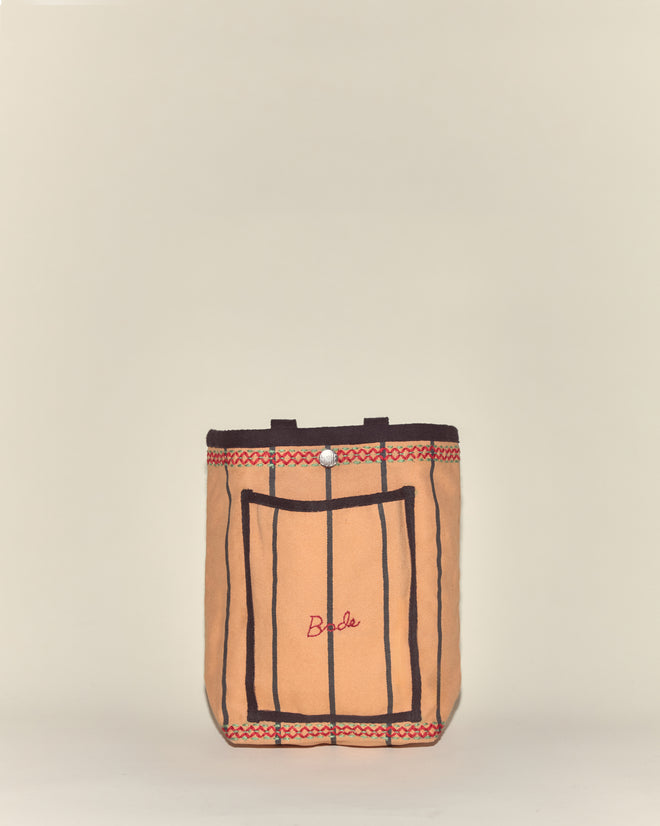 Cockatoo Small Tote: Tan canvas tote bag featuring brown vertical stripes, red trim, and 