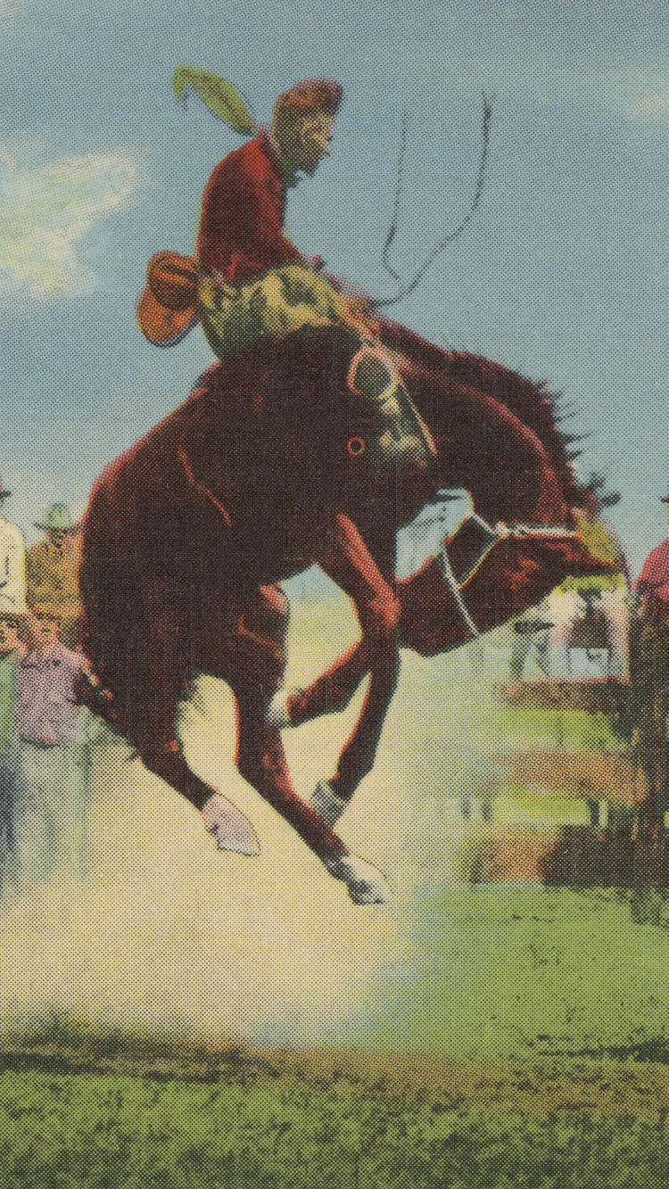Hand-colored photograph of Tex Crockett riding a bucking horse, 1919.