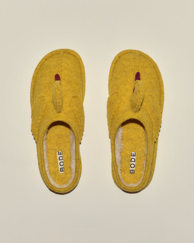 A pair of yellow fleece-lined Duck Slippers, each featuring a stuffed animal detail on top.