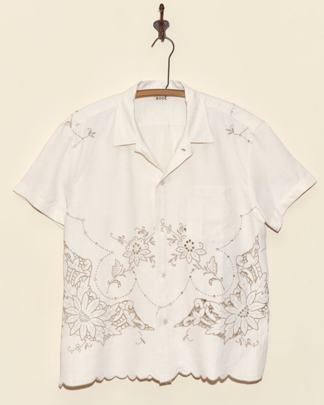 Etched Lotus Short Sleeve Shirt in XL, white with vintage floral embroidery, a single chest pocket, and short sleeves, displayed on a hanger.
