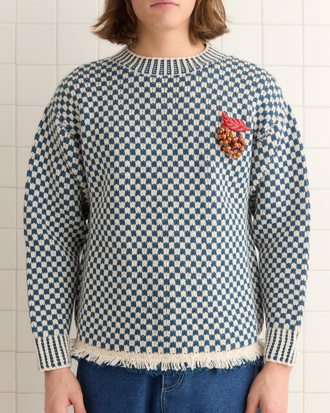 A person is wearing the Fringe Check Pullover - Blue, featuring a blue and white checkered pattern with fringe and a decorative fruit patch, made from luxurious merino wool, against a tiled wall.