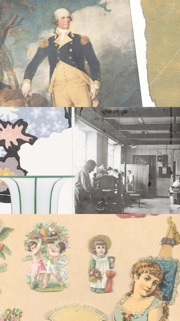 Collage of historical photographs, paintings, and designs.