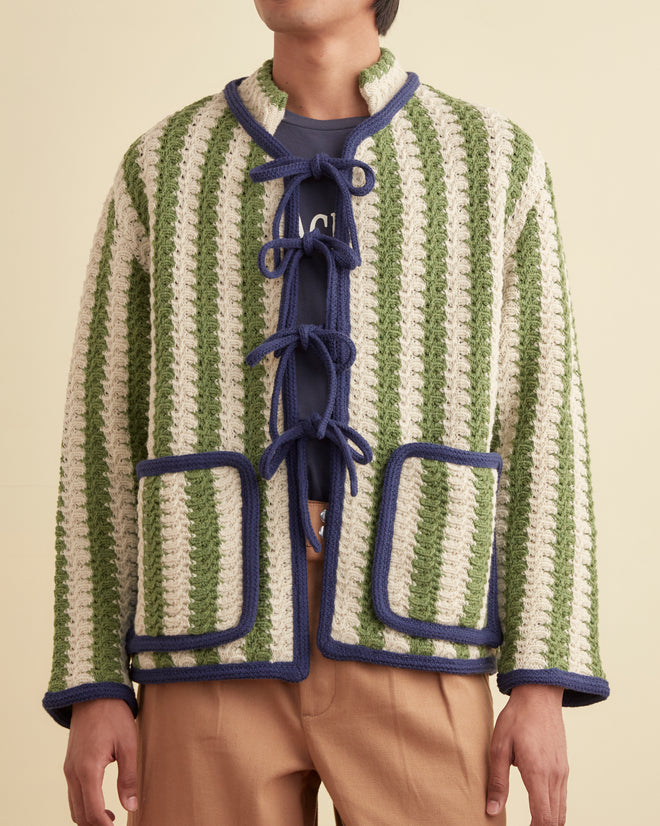 Bold Stripe Cardigan - Green/Cream KNITWEAR BODE New York