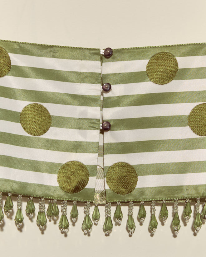 Green Note Bra - S: Features striped green and white fabric with green dots, buttons, plus beaded fringe on the bottom edge, made using Staron jacquard ribbon for a unique style.