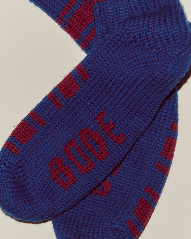 Herrington Stripe Socks - Blue: Chunky blue knit socks with red stripes and "BODE" stitched in red on the sole.