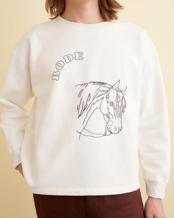 Embroidered Pony Crewneck - Cream CUT AND SEW BODE New York