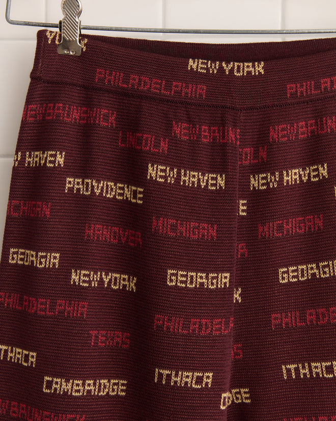 The maroon fabric on the Gridiron Joggers showcases city and state names like Philadelphia, New York, and Michigan in red and yellow text. Perfect for crafting joggers or wide-leg pieces, it's made from 100% cotton, ensuring comfort and style.