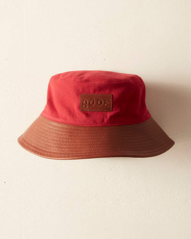 Leather Brim Bucket Hat - Tan/Red