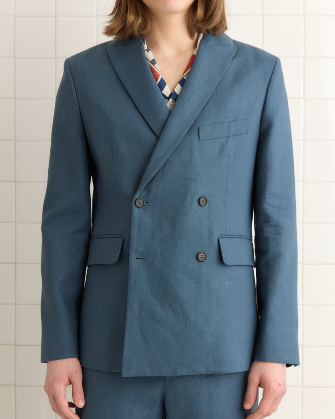 Lightweight Linen Double-Breasted Suit Jacket - Teal MENS SUIT JACKETS BODE New York