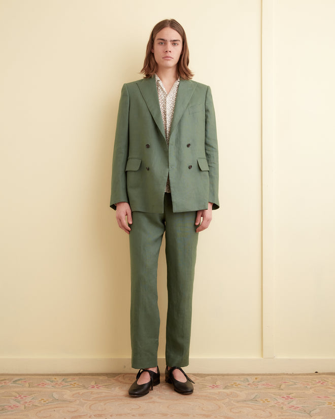 Linen Double-Breasted Suit Jacket - Green