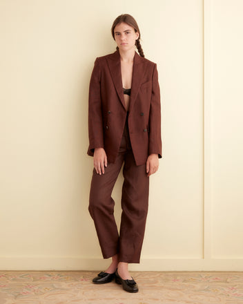 Linen Double-Breasted Suit Jacket - Chocolate