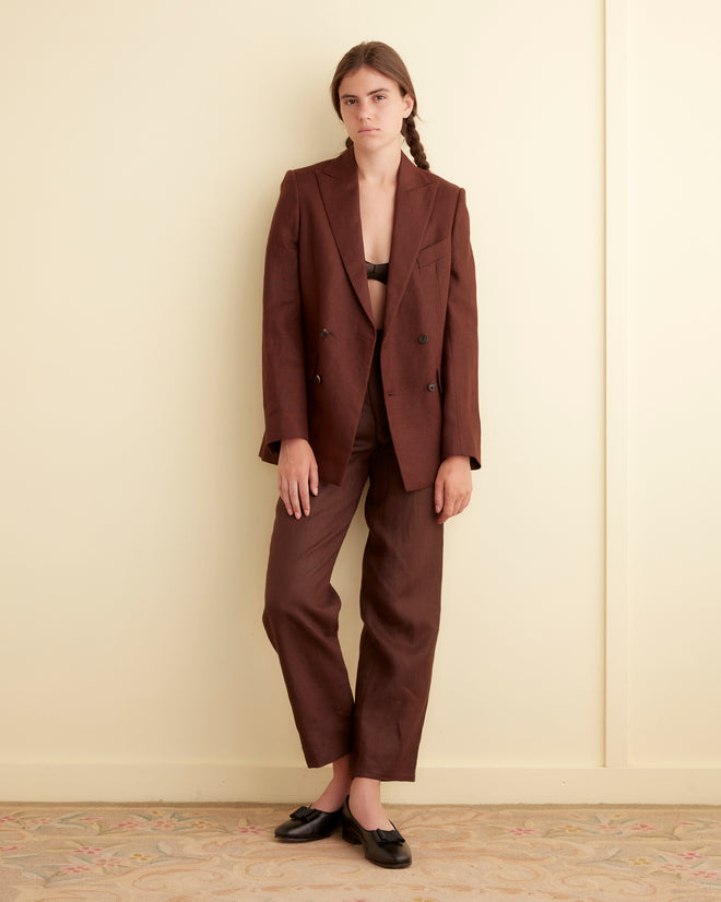 Linen Double-Breasted Suit Jacket - Chocolate