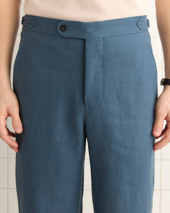 Lightweight Linen Side-Buckle Trousers - Teal MENS TROUSERS BODE New York