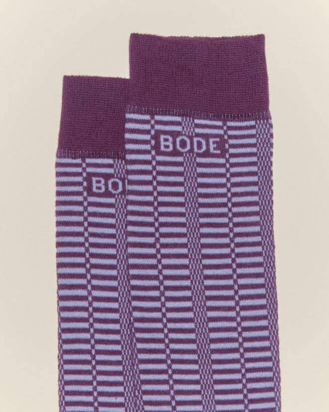 The Micro Check Socks - Purple feature a vintage-inspired design with vertical light blue stripes, a purple check pattern, and 