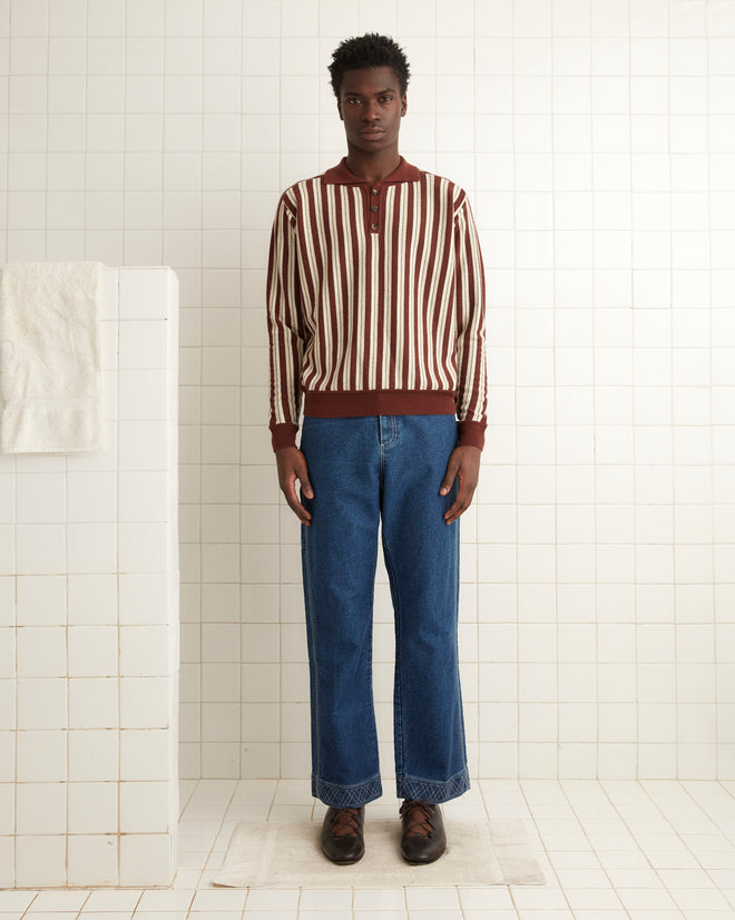 Brown and cream wool blend long sleeve polo with stripes and two button collar.