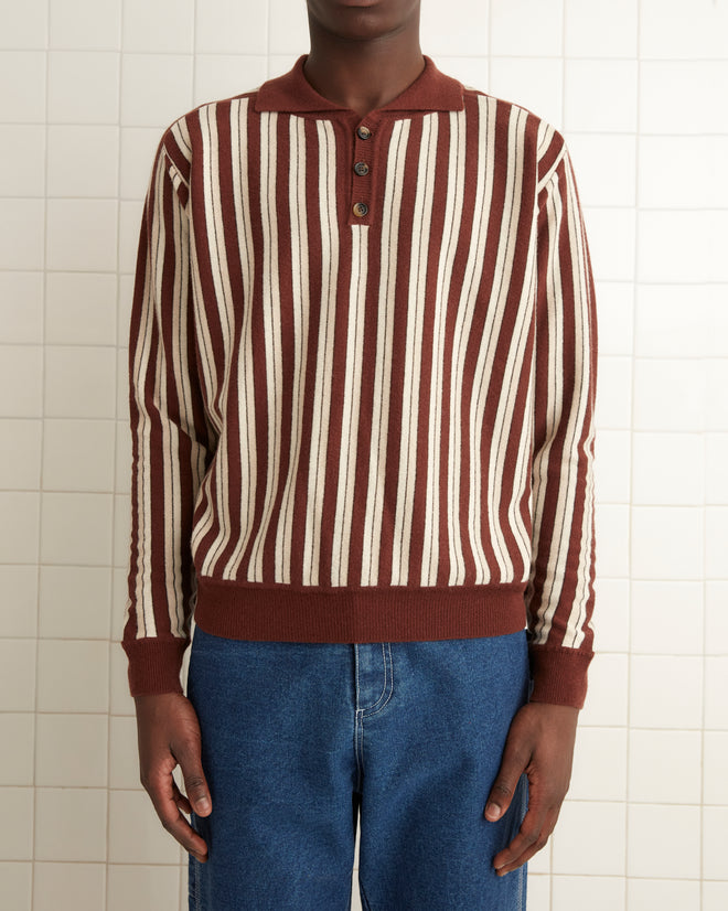 Brown and cream wool blend long sleeve polo with stripes and two button collar.