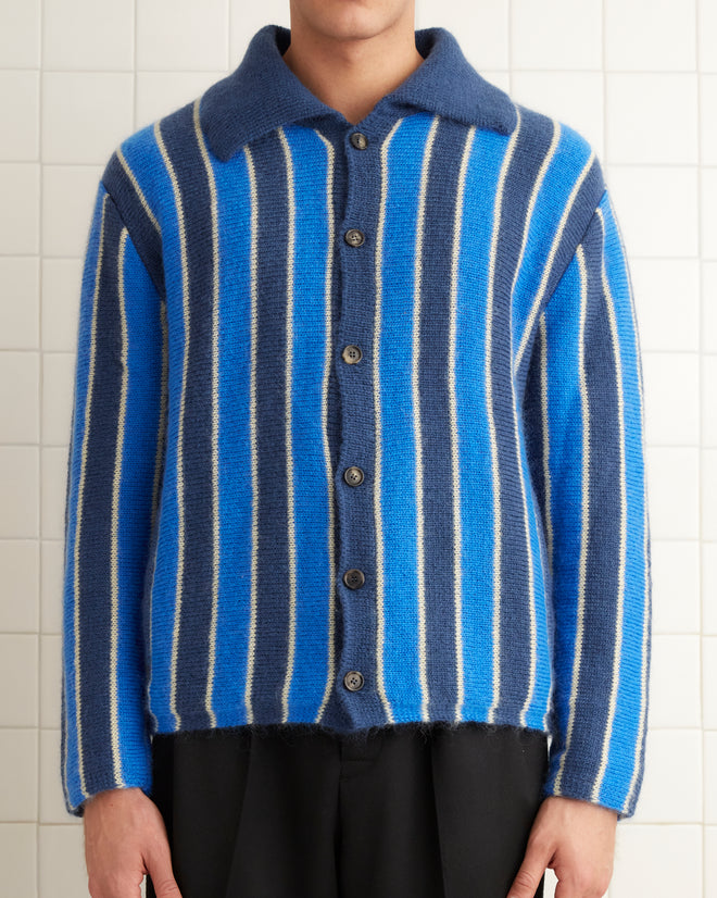 Striped mohair and wool blend cardigan. The cardigan features 6 buttons up the front chest.