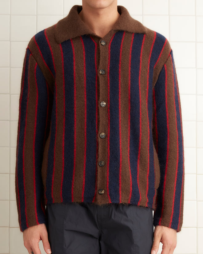 Striped mohair and wool blend cardigan. The cardigan features 6 buttons up the front chest.