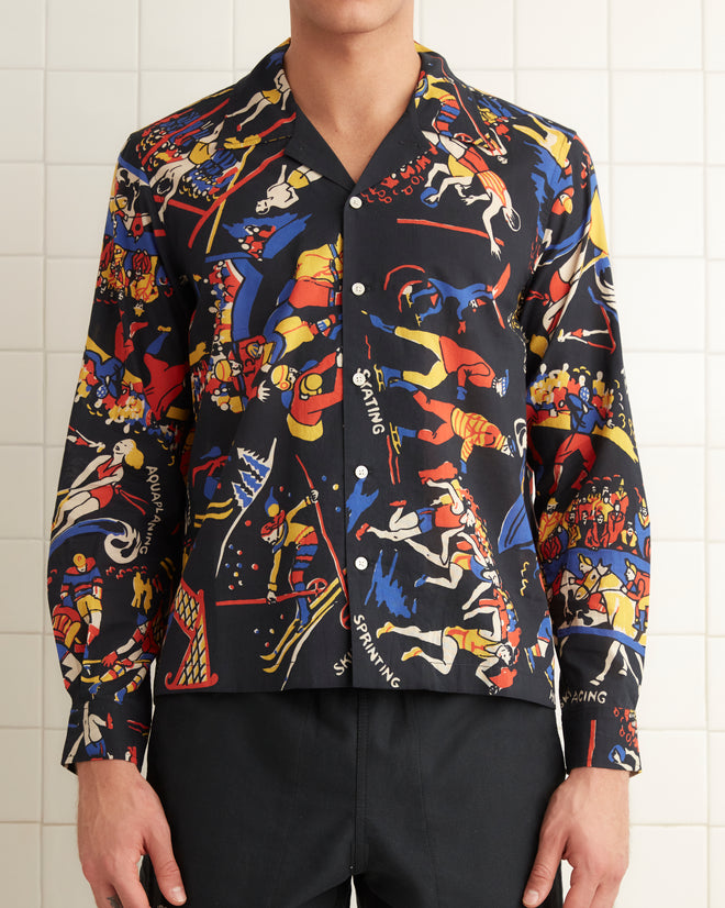 Cotton shirt patterned with multi-colored illustrations of different sports and activities.