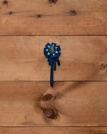 Horse Ribbon Brooch - Multi: blue equestrian prize ribbon brooch with a central horse emblem.