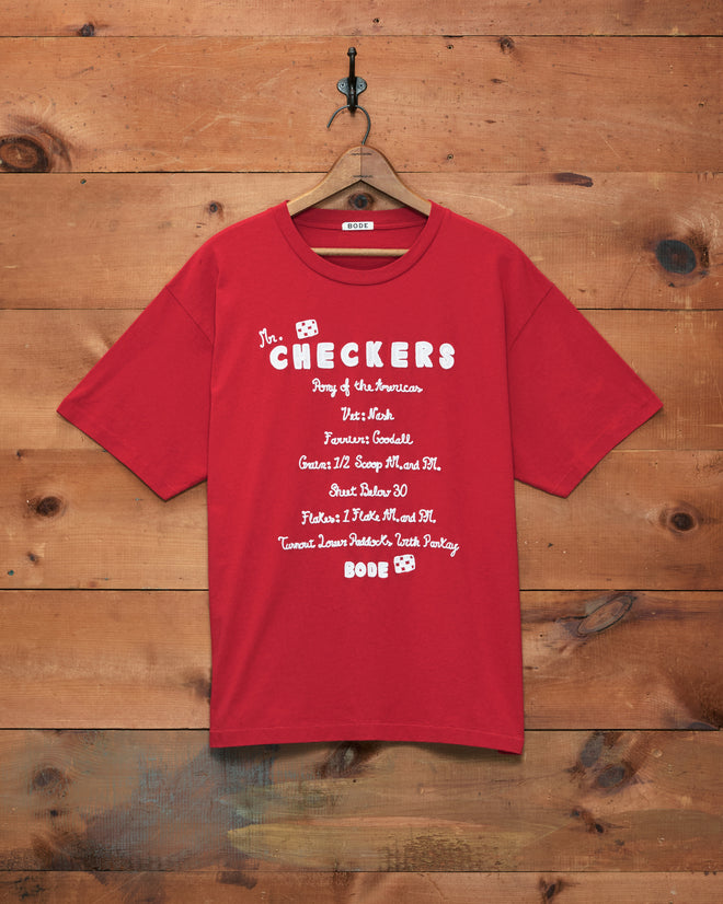 The Feed Tee is a red, boxy shirt made from 100% cotton, featuring playful white text and dice graphics, displayed hanging on a wooden wall.