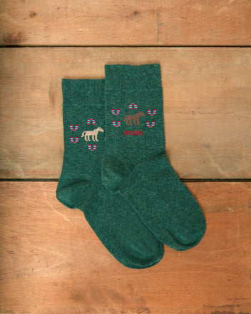 Horseshoe Socks in green, featuring a white dinosaur with purple spots and the word “Roar” embroidered, displayed on a wooden surface.