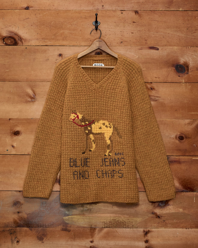 Show Sweater - Orange, a cozy merino knit featuring a charming camel graphic and the phrase “BLUE JEANS AND CHIPS,” displayed against a wooden wall—an ideal pick for subtle equestrian-inspired style.