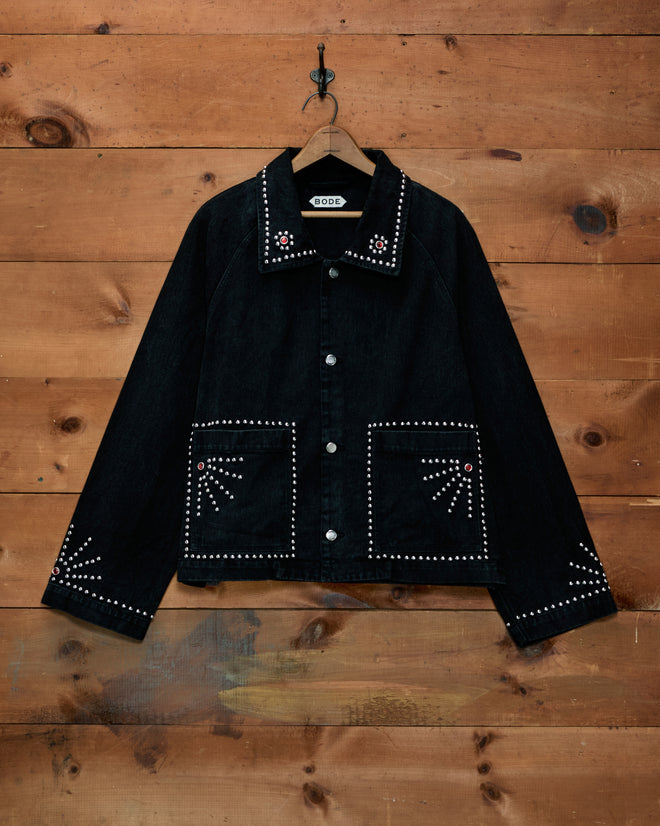 Black Silver Stud Jacket in cotton twill with silver stud detailing on the collar, pockets, and cuffs.