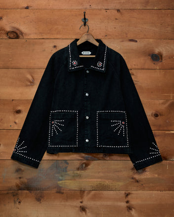 Black Silver Stud Jacket in cotton twill with silver stud detailing on the collar, pockets, and cuffs.