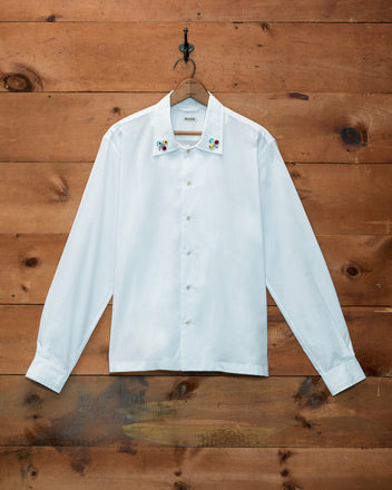 Clover Charm Long Sleeve Shirt in white cotton poplin with colorful clover-shaped gemstone collar charms.