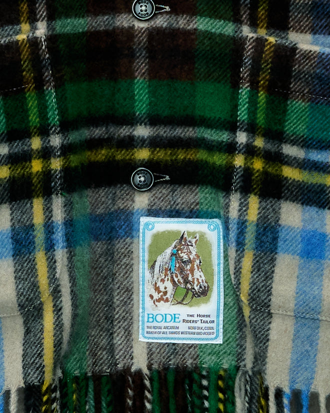 Mr. Checkers Overshirt in a green, blue, and brown vintage plaid with a decorative horse embroidery patch.