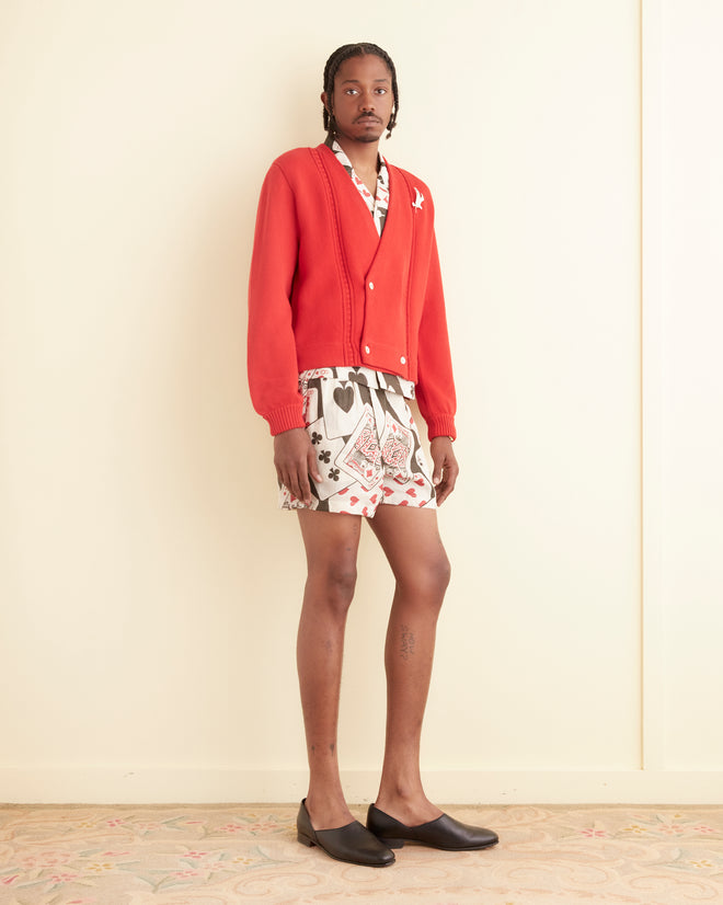 Red, black, and white deck of cards printed boxer shorts