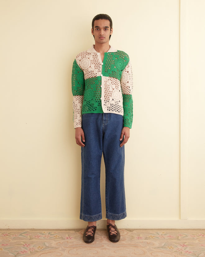 Duotone Crochet Overshirt - Green KNITWEAR BODE New York