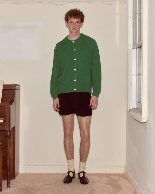 A person stands indoors wearing the Orchard Cardigan in Kelly Green, paired with black shorts, white socks, and black shoes.