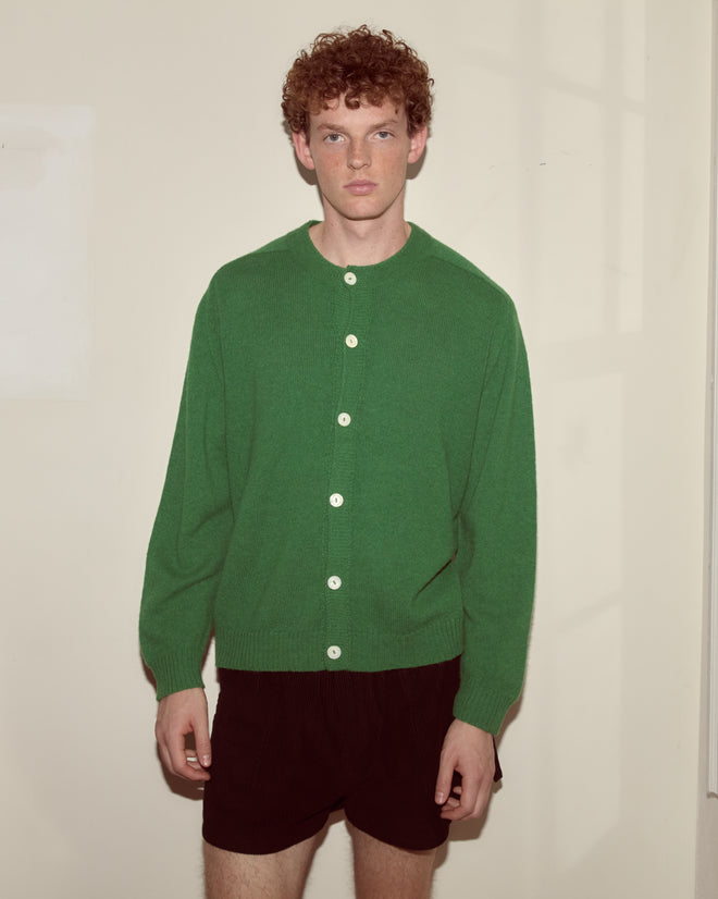 A person with curly hair wears the Orchard Cardigan in Kelly Green and black shorts, standing indoors against a light wall.