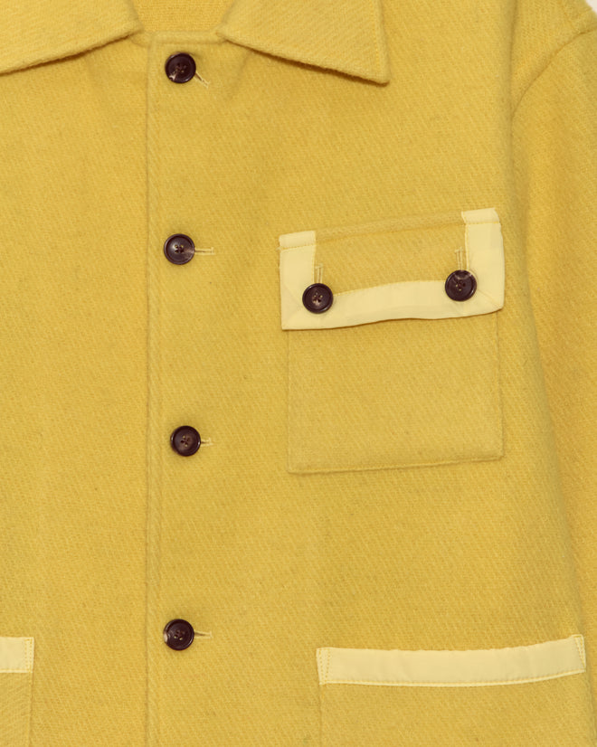 The Phosphorus Jacket - M is a unique yellow wool coat with dark brown buttons and light yellow pocket trim, embodying classic midcentury wool jacket style.