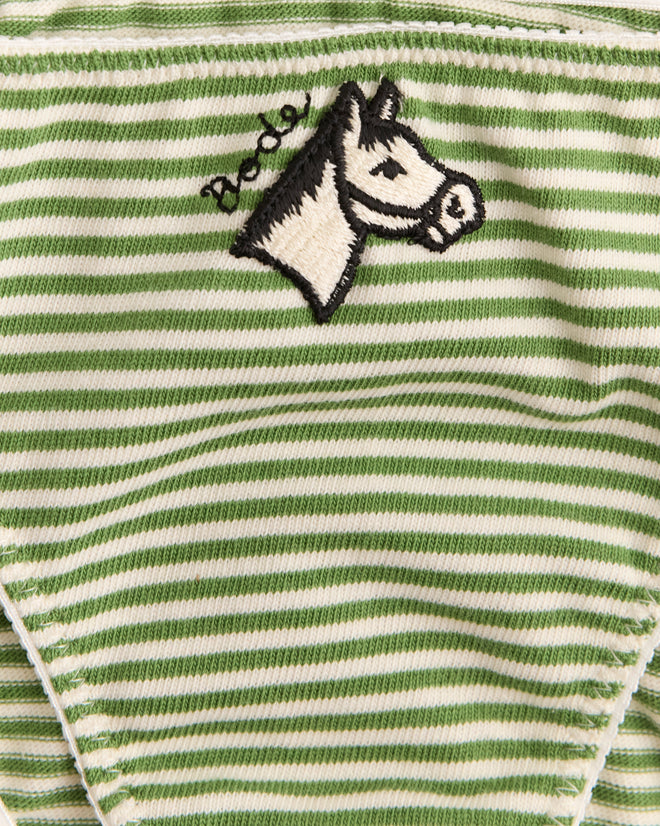 Pony Briefs: Green and white striped fabric with a high-cut design, featuring an embroidered horse head and "PoDo?" above it.