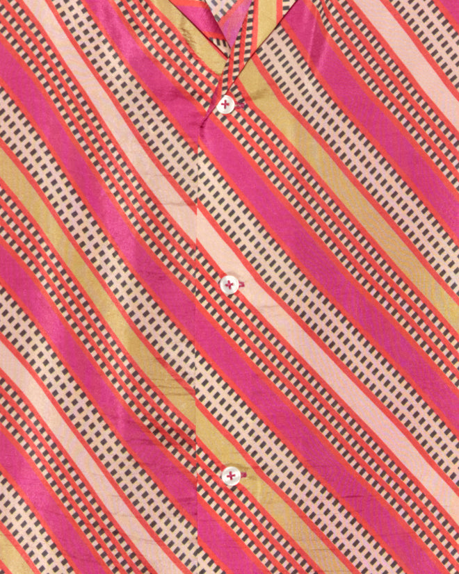 Close-up of the Railhead Blooms Shirt - M/L, made in New York, with diagonal pink, yellow, and red stripes, small navy dots, and white buttons.